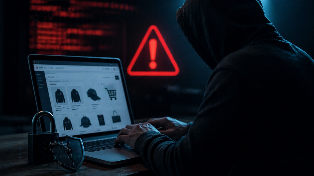 Hacker frente a una laptop con una tienda virtual vulnerable y alertas de ciberseguridad, representando los riesgos de no actualizar ni mantener una tienda online en WordPress