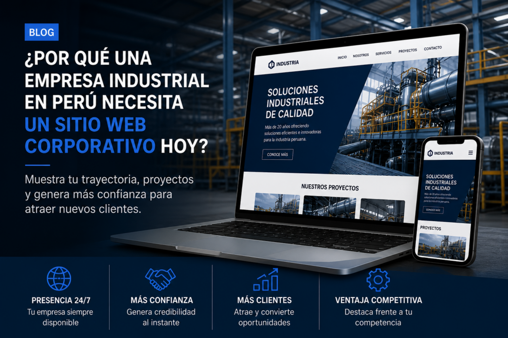 Sitio web corporativo industrial en Perú en pantalla de laptop con fondo de fábrica